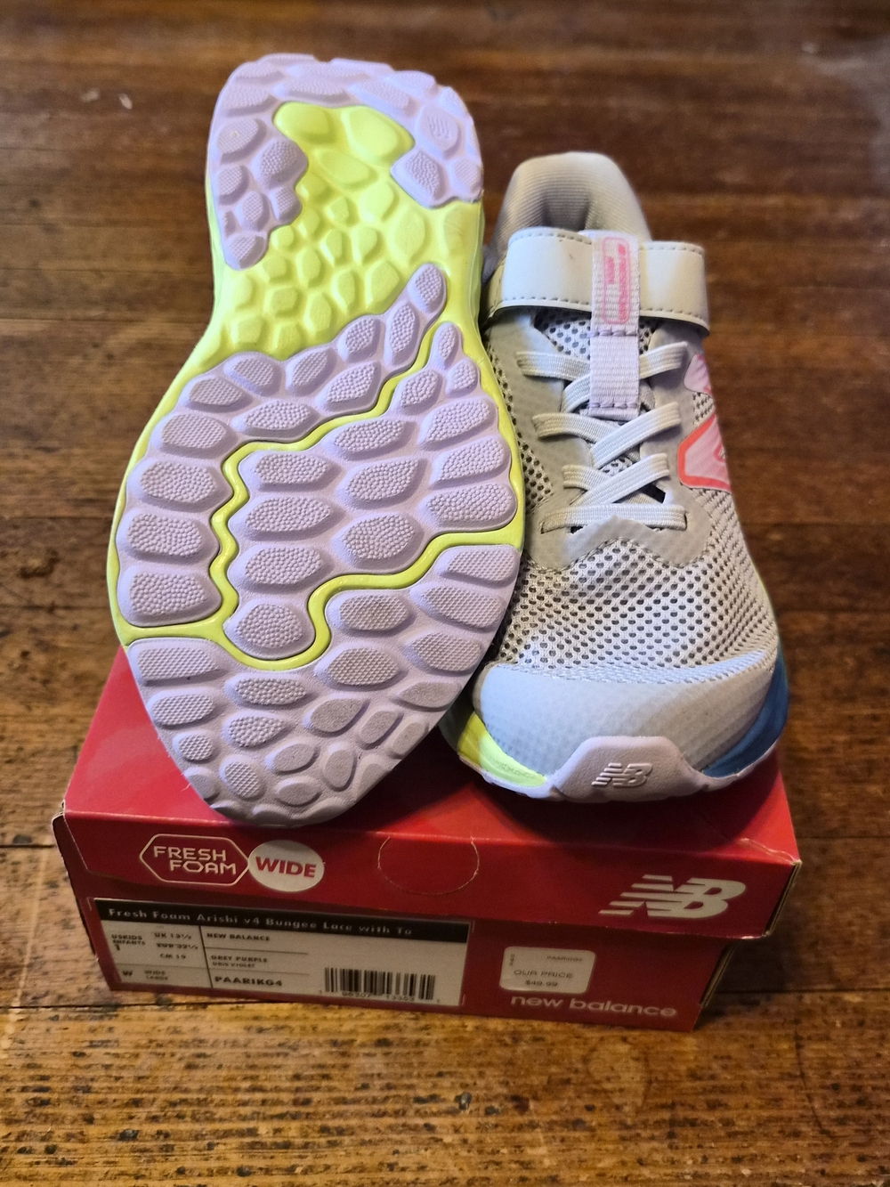New Balance Fresh Foam Arishi v4 Kids Wide Sneakers Gray Pink Hook Loop Size 13 - Picture 2 of 7